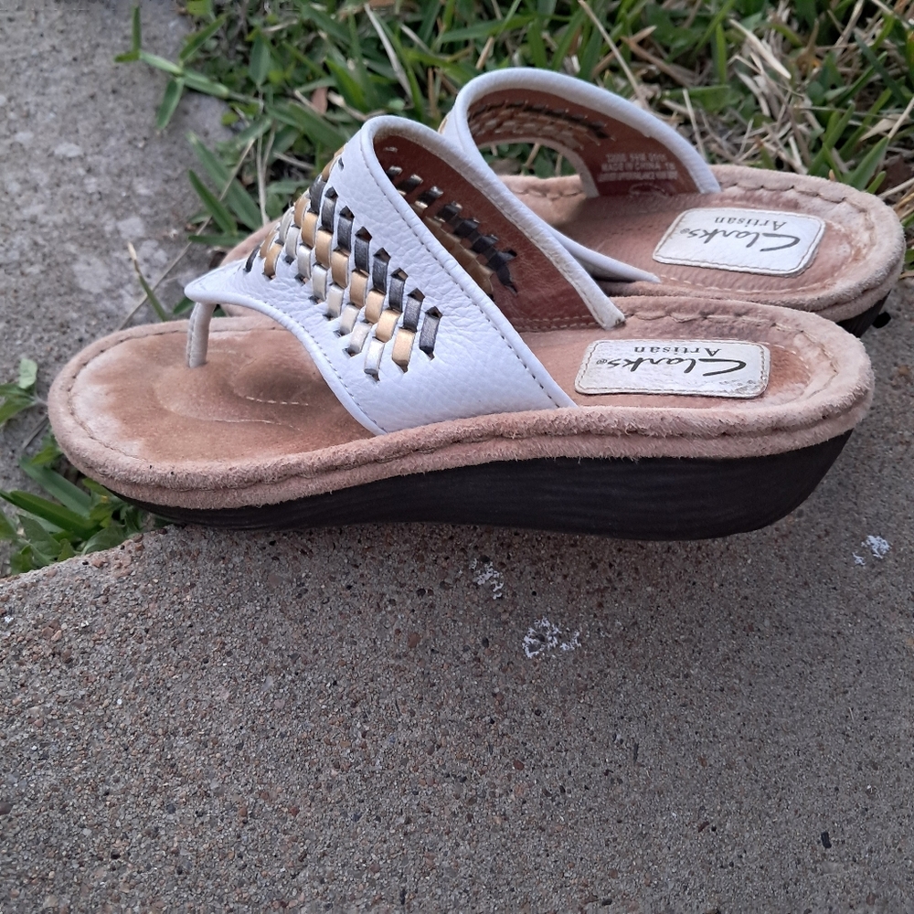 Clarks Women's White and Brown Wedge Sandals 1 In High